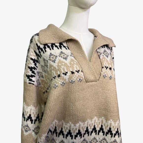 RDI Fair Isle Collared Sweater XL Beige Nordic Knit Split Neck NWT Nordstrom - Picture 2 of 10